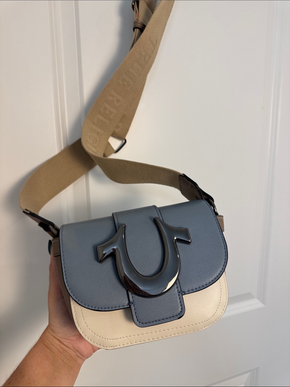 True Religion Dusty Blue and Cream Crossbody with Signature Horseshoe